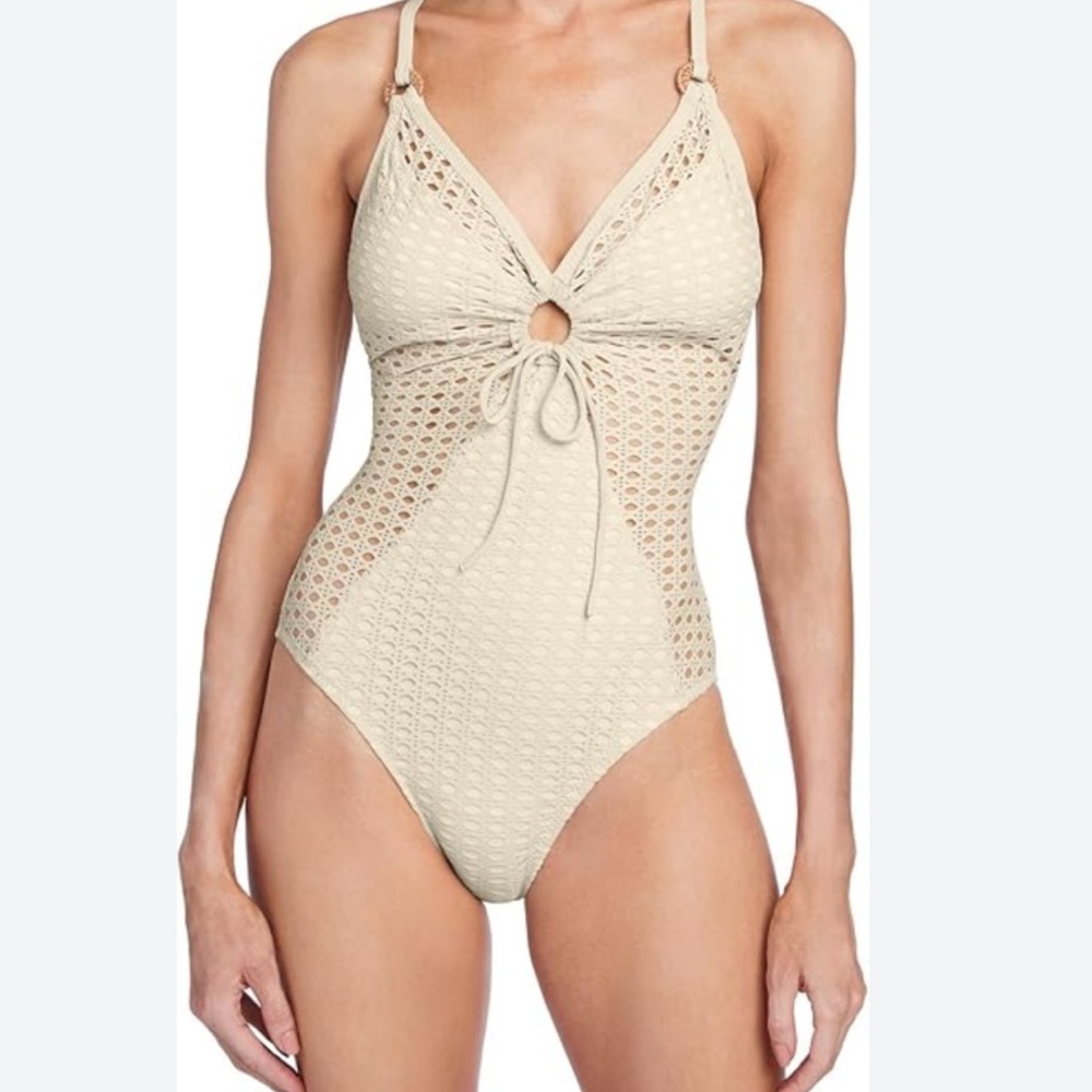 Beige Crochet One-Piece Swimsuit
